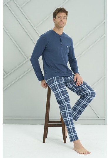 Erkek Interlok Penye Uzun Kol Pijama Takımı 2234 Petrol03 Petrol03