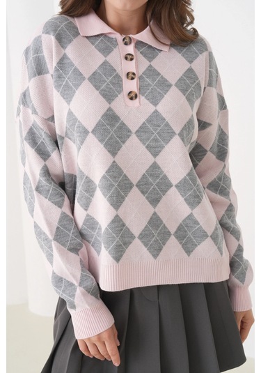 Kadın Polo Yaka Yarım Pat Düğme Detay Desenli Oversize Triko Kazak Açık Pembe