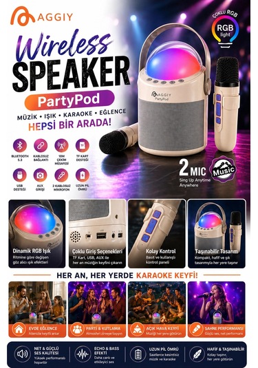 Partypod Bluetooth 5.3 Destekli Çok Fonksiyonlu Kablosuz Hoparlör