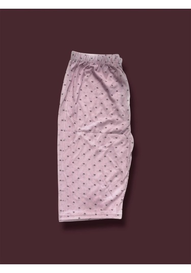 Desenli Penye Diz Altı Büyük Beden Anne Kadın Kapri Pembe Çizgili Kalpli