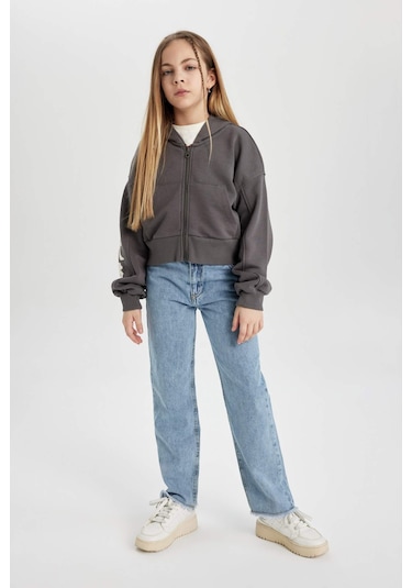 Defacto Kız Çocuk Kapüşonlu Fermuarlı Sweatshirt B9553A824SPGR311 Gri