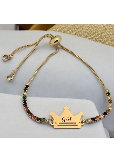 Gül İsmine Özel 14 Ayar Altın Plakalı Renkli Taş Desenli Taç Motifli Hediye Bileklik-489isim Gül