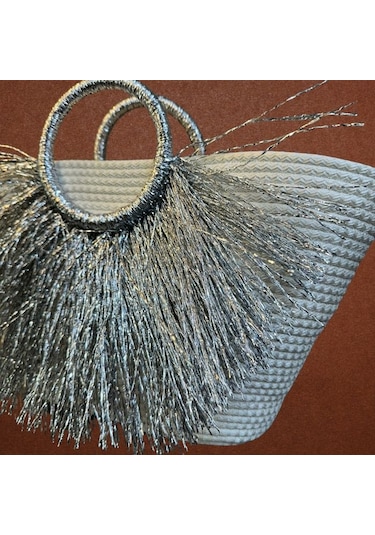Uretti - Ayşe 4723 2092 El Yapımı Tress İp Yuvarlak Saplı Metalik Gümüş İp Püsküllü Plaj Çantası - Gümüş / Beyaz Beyaz - Gümüş