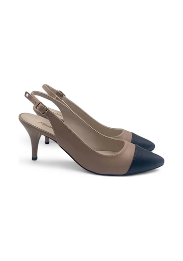 Glamora Bej-siyah Kadın Rahat Kısa Stiletto Topuklu Ayakkabı Bej - Siyah