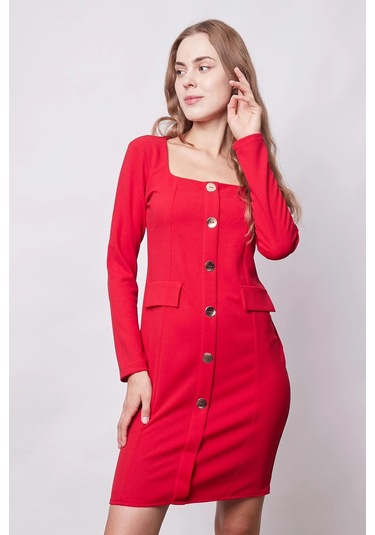 Kadın Likralı Krep Kumaş Kare Yaka Uzun Kol Önü Düğmeli Ofis Ceket Elbise-kırmızı Kırmızı