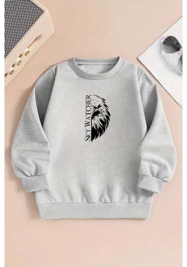 Unisex Sky Watcher Baskılı Gri Bisiklet Yaka Sweatshirt-kışlık Şardonlu Kumaş Gri