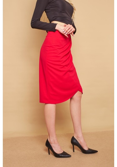 Kruvaze Anvelop Önü Pileli Diz Altı Likralı Kumaş Etek-fujya - Fujya Fuşya