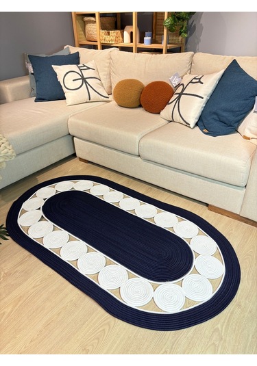 Cookie Jüt Hasırlı El Örgüsü Kilim Lacivert - Beyaz