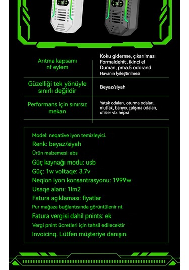 Taşınabilir Hava Temizleyici - Negatif İyon - Sigara/koku Giderici Siyah Avrupa Standardı
