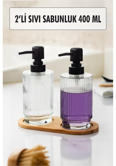 2 Li Bambu Altlıklı Sıvı Sabunluk Seti