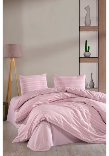 Varol Lastikli Saten Çizgili Çift Kişilik Nevresim Takım Pembe