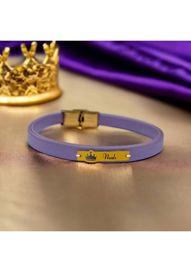 Archin Nazlı İsmine Özel Hakiki Mor Derili Taç Motifli 14 Ayar Altın Plakalı Hediye Bileklik-571isim Nazlı