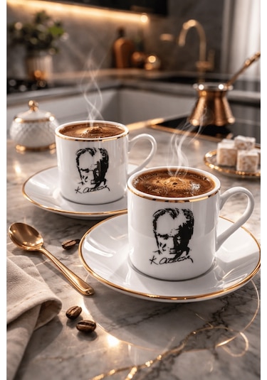 2'li Porselen Atatürk Silüetli Fincan Takımı - Yaldız Detaylı Fincan Seti Beyaz - Altın