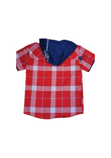 Erkek Çocuk Kapüşonlu Kareli Kısa Kollu Tasarım Gömlek-12523 Kırmızı