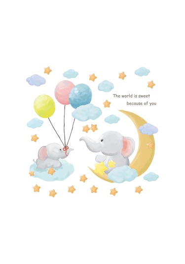 Duvar Çıkartmaları Seti, Filler, Ay, Bulutlar, Yıldızlar, Balonlar Duvar Çok Renkli