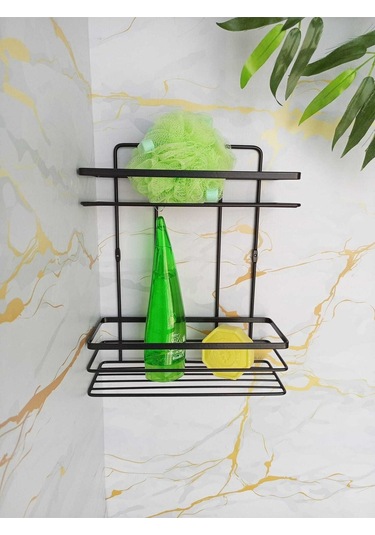 Paslanmaz Yapışkanlı 2 Katlı Banyo Rafı Düzenleyici Siyah