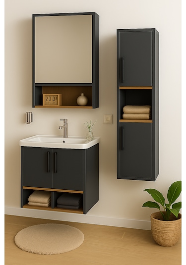 Dmz Home Concept Legna 65 Cm Antrasit Ahşap Mdf Banyo Dolabı Seti Antrasit - Meşe