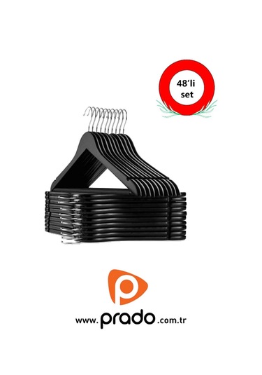 48 Adet Ahşap Görünümlü Plastik A Kalite Siyah Elbise Askısı