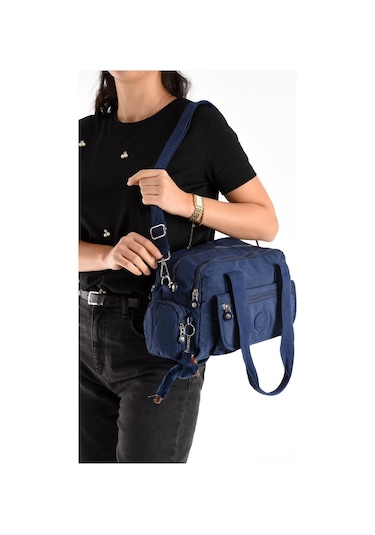 Omuz Çantası Çok Cepli Hafif Klinkır Kumaş 30 20 Cm Çapraz Askılı Postacı Çanta Kol Çantası Lacivert
