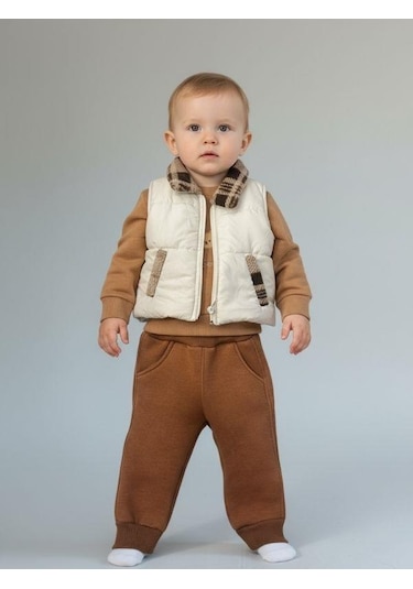 Erkek Bebek Yelekli 3 'lü Eşofman Takım-16230 Kahverengi