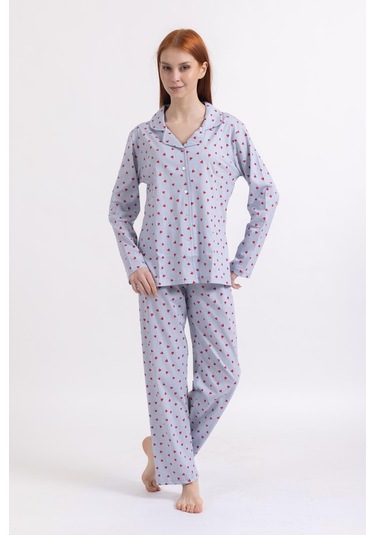 Kadın Dört Mevsim %100 Pamuk Düğmeli Kalp Desenli Yüksek Kalite Pijama Takımı 9323 - Mavi