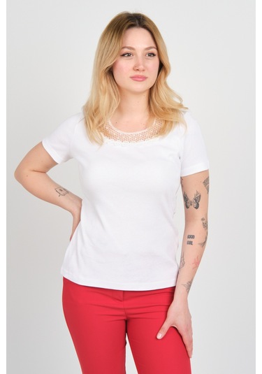 Ella Camelia Kadın Yakası Dantel İşlemeli Kısa Kol Pamuklu Bluz 24e008 Beyaz Beyaz