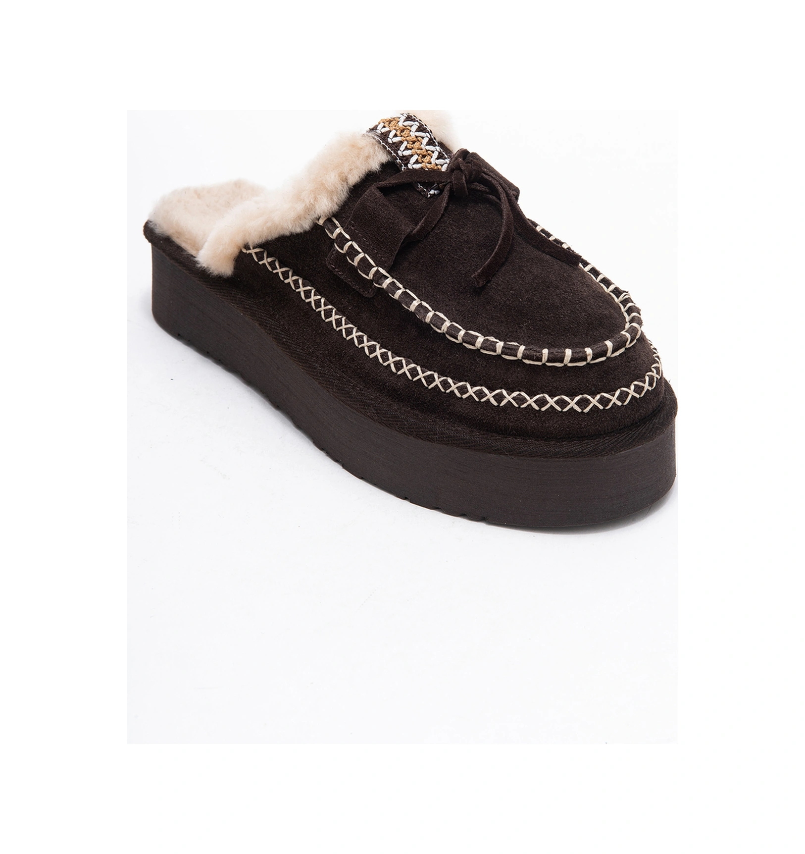 Yalına Kahverengi Süet Hakiki Deri Dikişli Kürklü Kadın Platform Tabanlı Makosen Terlik Kahverengi