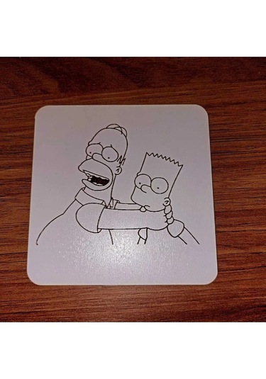 Lavanta Tasarım Bart Simpson Ve Hommer Ahşap Bardak Altlığı Beyaz