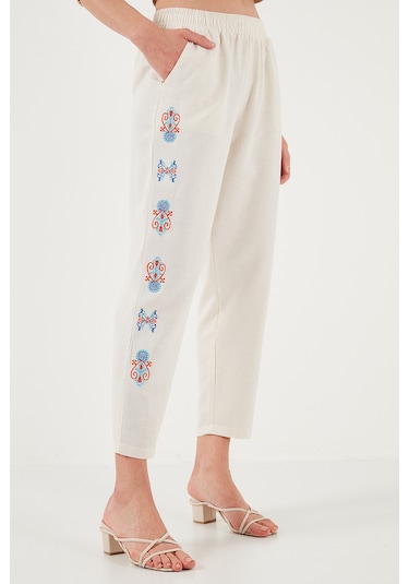 Lela Bohem Işlemeli Keten Ve Pamuk Karışımlı Şalvar Bayan Pantolon 5865050 Bej-Oranj