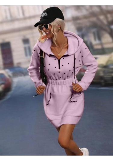 Kadın Beli Lastikli Inci Detay Kapüşonlu Mini Elbise Çok renkli