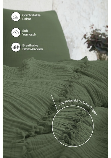%100 Pamuk Müslin Yatak Örtüsü Tek Kişilik 4 Katlı Battaniye 2 Parça Müslin Pike Seti Yeşil Yeşil