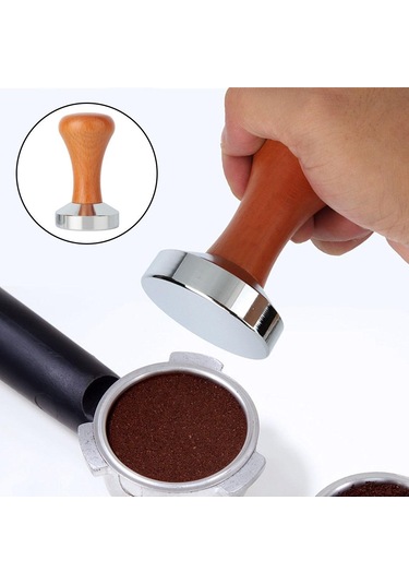 Suntek Pratik Ahşap Saplı Kahve Tamper Espresso 51 MM Koyu Kahve