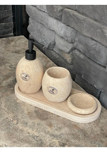 Bej Traverten Oval Model 4,lü Banyo Seti Beyaz