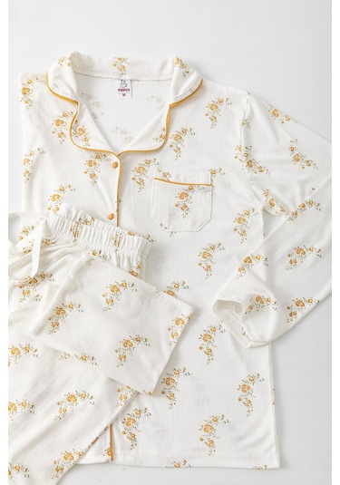 Uzun Kol Gömlek Yaka Kadın Pinterest Pijama Takımı - Mevsimlik Kadın Pijama- Geniş Beden Aralığı Hardal