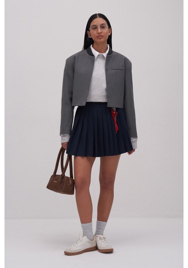 Yüksek Bel Pileli Mini Etek Lacivert