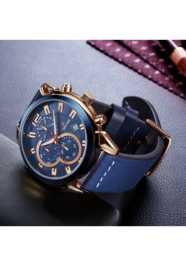 Mızums Erkek İş Saati Moda Alaşımlı Kasa Deri Bantlı Saat Zarif 3 Atm Su Geçirmez Kuvars Bilek Saati Gül Altın Kasa Mavi Yüzeyli Diğer