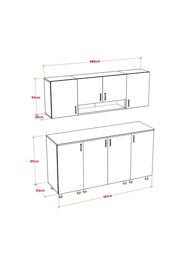 Kinda Mini Mutfak Dolabı Alt Üst Modül 160 Cm Tezgah Dahil Beyaz