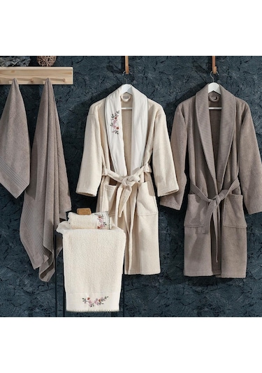 Nazik Home Kayra Aile Bornoz Seti Natürel-Vizon Çok Renkli