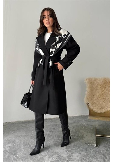 Neşeli Butik Kadın Kuşak Detaylı Astarlı Kaşe Kaban Nbg120 Siyah