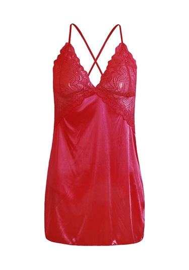 Dolıty Kadın Babydoll İç Giyim Dantel Askılı Pijama T-sırt Kırmızı L Kırmızı