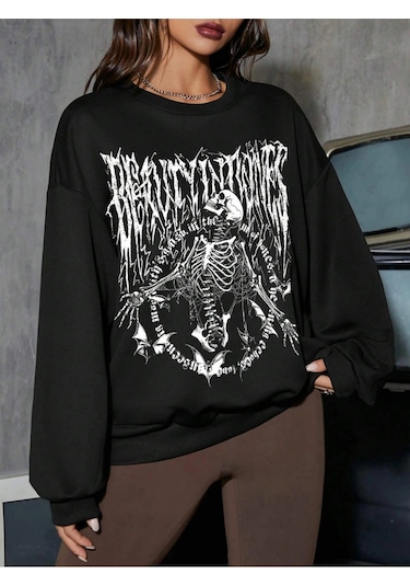 Adrift Coolane Skeleton & Letter Graphic Drop Shoulder Sweatshirt Siyah Siyah