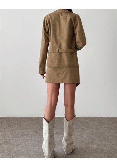 Kadın Düğme Detaylı Hardal Ceket Ve Etek Alt Üst Takım Hardal