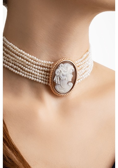 Cameo İtaliano İnci Küpeli Kız 18 Ayar Sarı Altın Kaplama Gümüş Choker Kolye Rose Gold