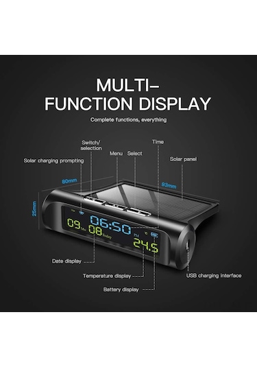 Ximistore9 Araç Güneş Enerjili Saat - Zaman, Tarih, Sıcaklık Ölçer - 3 Seviye Parlaklık Ayarlı - Usb Ve Güneş Şarjlı - Kolay Kurulum C01