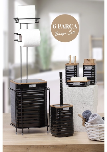Okyanus Home Siyah Ahşap Desenli Luna Kare Yedekli Wc Kağıtlık Ve 6 Parça Banyo Seti