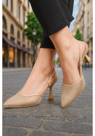 Günlük Kadın Fileli Arkası Açık Ayarlanabilir Tokalı İnce Topuklu Abiye Ayakkbı 923 Bej