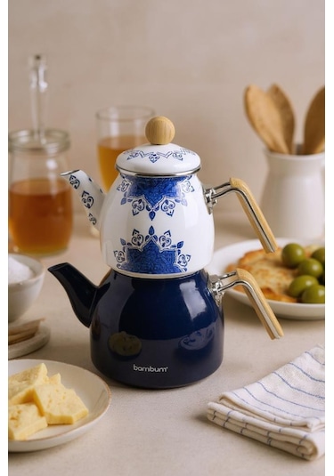 Bambum Unique - Bambu Kulplu Emaye Çaydanlık Takımı Lacivert