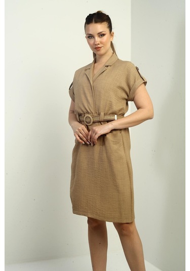 Kadın Torba Cepli Beli Kemerli Elbise-40411 Camel