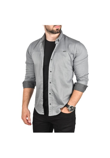 Deepsea Erkek Gri Slim Fit Pamuklu Kot Gömlek Kolay Ütülenebilir Çıt Çıtlı Likralı Spor Gömlek 2502504 Gri