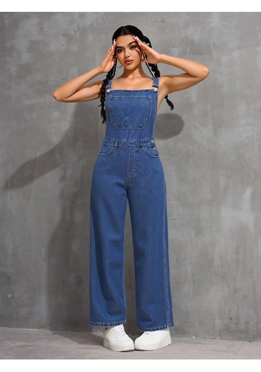 Shevega Kadın Mavi Kanguru Cep Bol Paça Kot Bahçevan Tulum Mavi